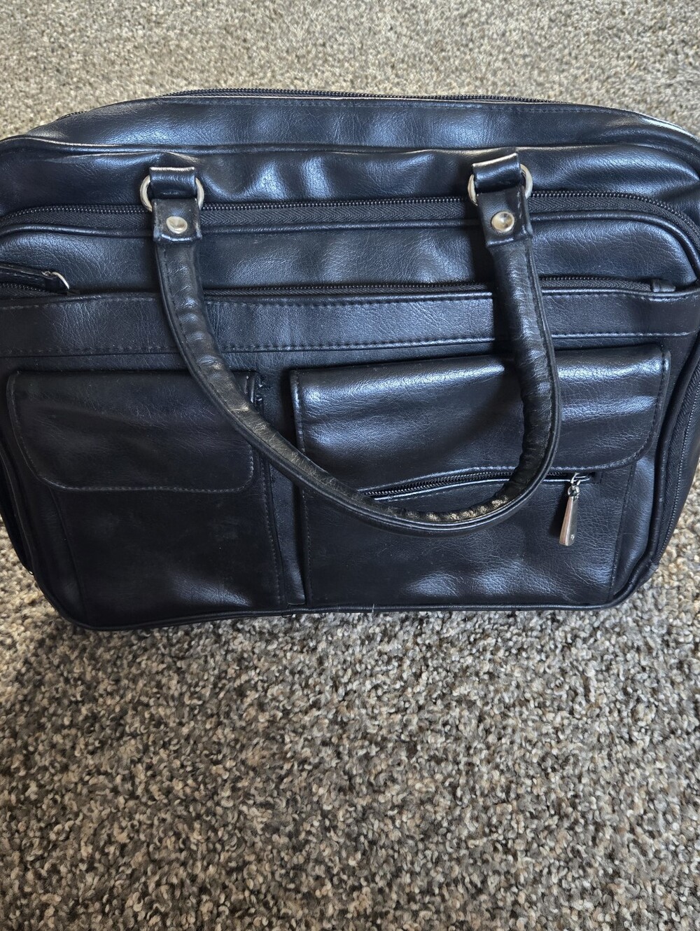 Vintage Retro Black Leather Briefcase Tote Bag With Compartments & Wallet